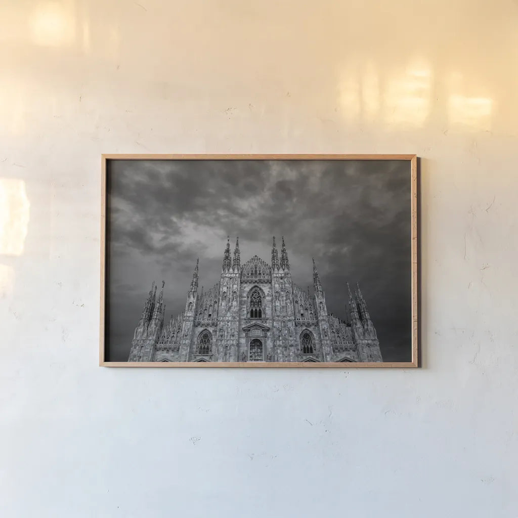 Duomo di Milano by Aledanda. shown as a paper print in a natural frame. Available as a archival giclee rolled canvas, fine art paper, or poster print. SKU 53592i.