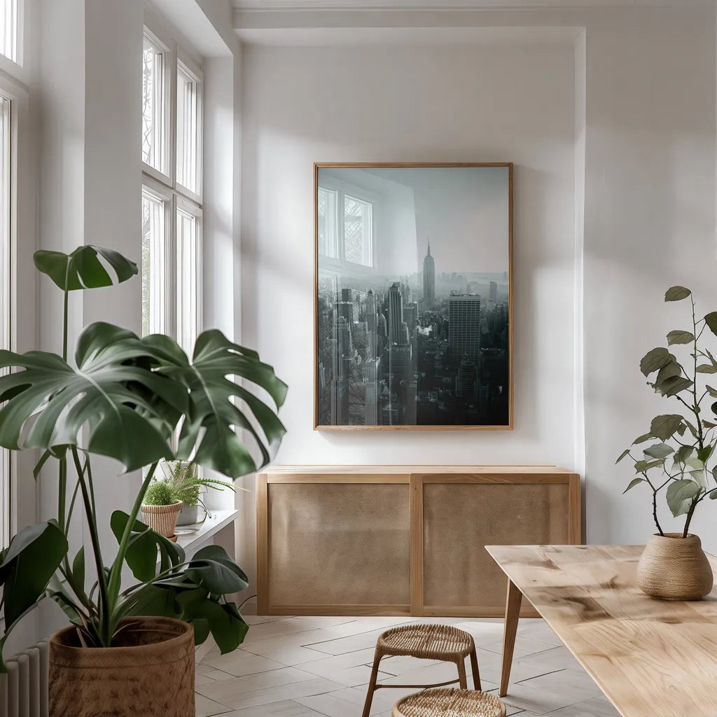 Empire Blue Gray by Aledanda. shown as a print in a natural wood frame in a dining room. Available as a archival giclee rolled canvas, fine art paper, or poster print. SKU 79231h.