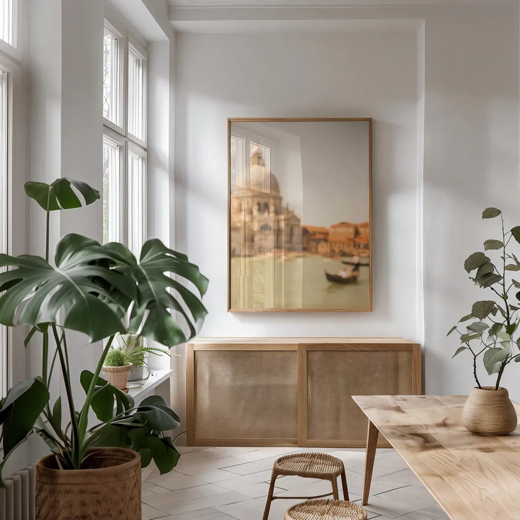 Essence of Venice I by Aledanda. shown as a print in a natural wood frame in a dining room. Available as a archival giclee rolled canvas, fine art paper, or poster print. SKU 81692h.