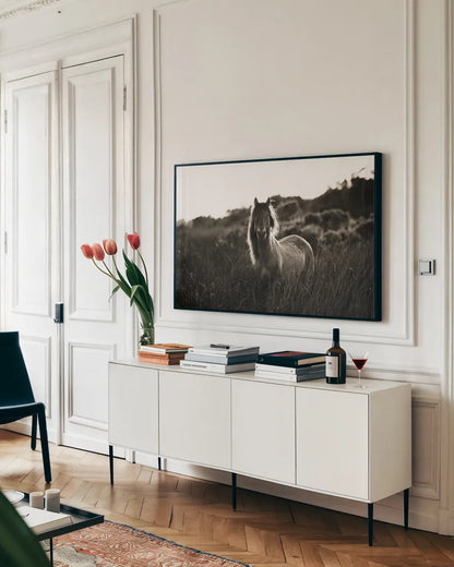 Evening Glow by Aledanda. shown as a framed stretched canvas in a living room above a console. Available as a archival giclee rolled canvas, fine art paper, or poster print. SKU 38298i.