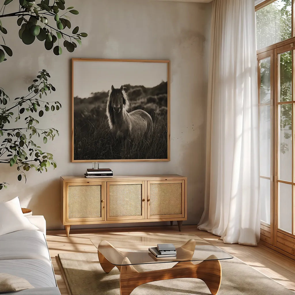 Evening Glow Crop by Aledanda. Shown in a natural wood frame in a cozy modern living room. Available as an archival giclee rolled canvas, fine art paper, or poster print. SKU 38298a.