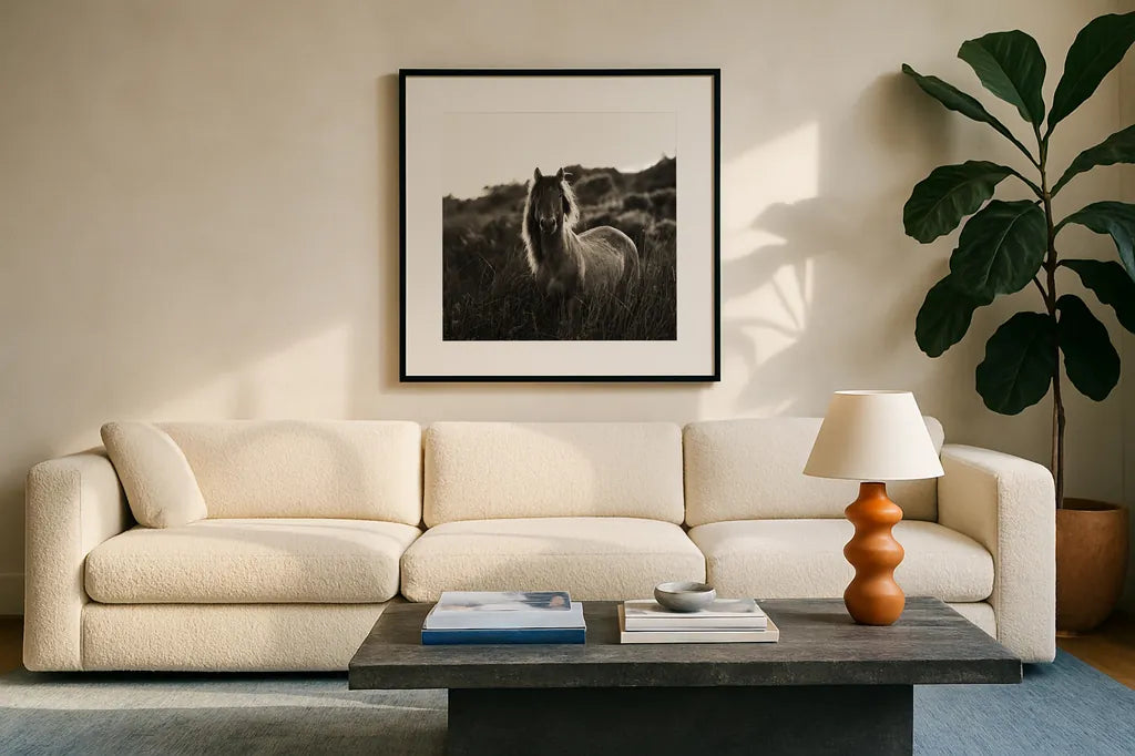Evening Glow Crop by Aledanda. Displayed in a glass frame with matte in a clean modern living room. Available as an archival giclee rolled canvas, fine art paper, or poster print. SKU 38298a.