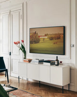 Fall Farm by Aledanda. shown as a framed stretched canvas in a living room above a console. Available as a archival giclee rolled canvas, fine art paper, or poster print. SKU 38288i.