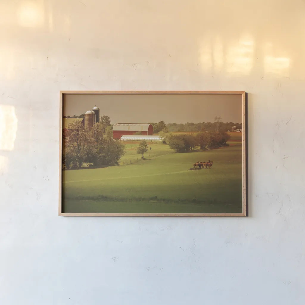 Fall Farm by Aledanda. shown as a paper print in a natural frame. Available as a archival giclee rolled canvas, fine art paper, or poster print. SKU 38288i.