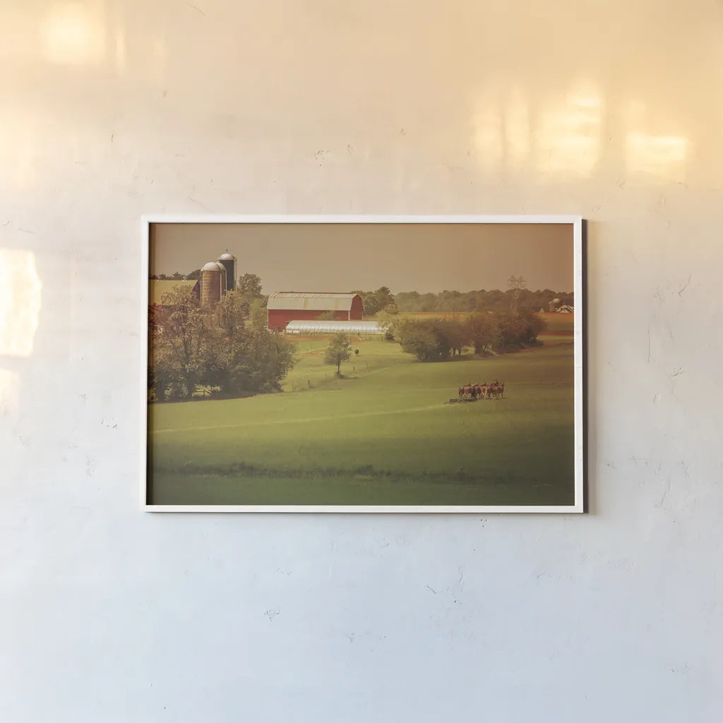 Fall Farm by Aledanda. shown as a paper print in a white frame. Available as a archival giclee rolled canvas, fine art paper, or poster print. SKU 38288i.