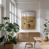 Fall Field II by Aledanda. shown as a print in a natural wood frame in a dining room. Available as a archival giclee rolled canvas, fine art paper, or poster print. SKU 38284h.