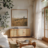Fencerow Light Crop by Aledanda. Shown in a natural wood frame in a cozy modern living room. Available as an archival giclee rolled canvas, fine art paper, or poster print. SKU 67366a.