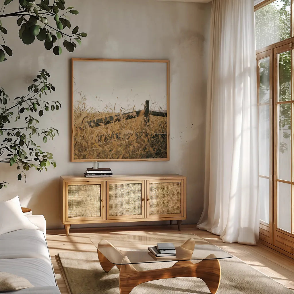 Fencerow Light Crop by Aledanda. Shown in a natural wood frame in a cozy modern living room. Available as an archival giclee rolled canvas, fine art paper, or poster print. SKU 67366a.