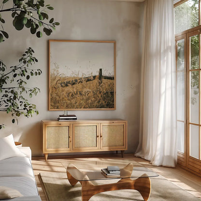 Fencerow Light Crop by Aledanda. Shown in a natural wood frame in a cozy modern living room. Available as an archival giclee rolled canvas, fine art paper, or poster print. SKU 67366a.