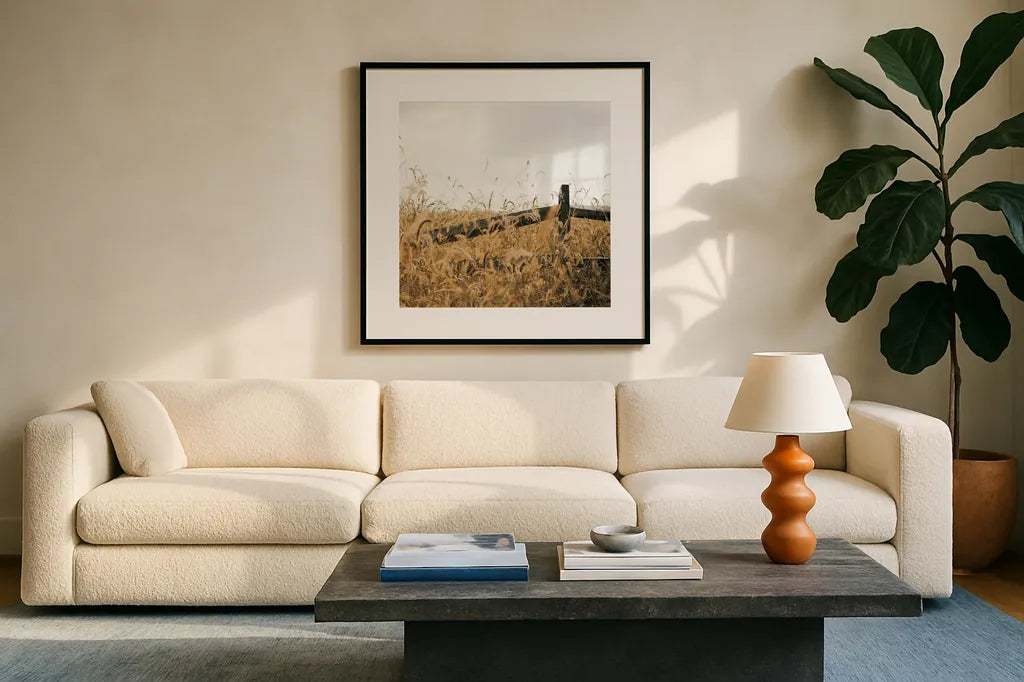 Fencerow Light Crop by Aledanda. Displayed in a glass frame with matte in a clean modern living room. Available as an archival giclee rolled canvas, fine art paper, or poster print. SKU 67366a.