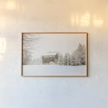First Snow by Aledanda. shown as a paper print in a natural frame. Available as a archival giclee rolled canvas, fine art paper, or poster print. SKU 38290i.