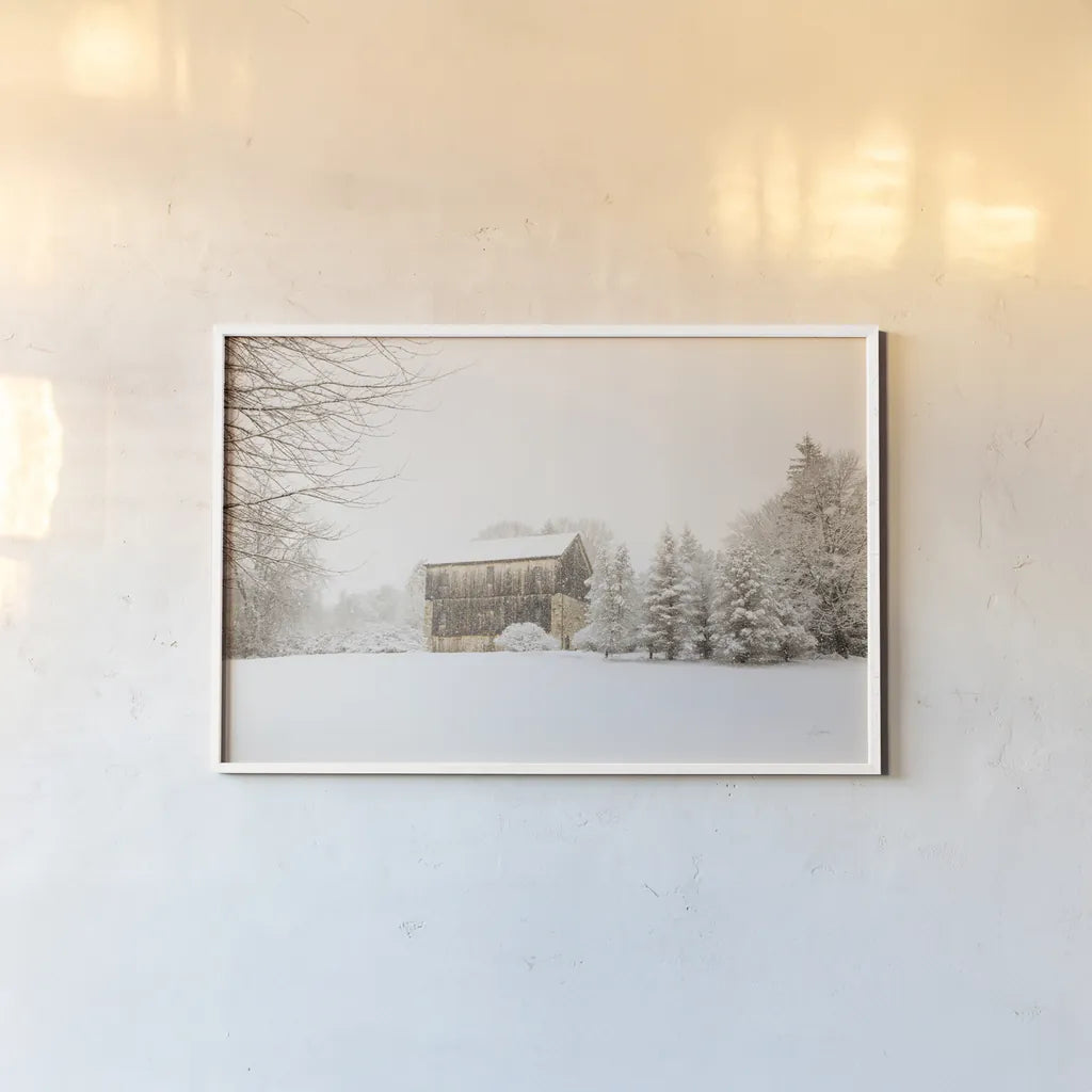 First Snow by Aledanda. shown as a paper print in a white frame. Available as a archival giclee rolled canvas, fine art paper, or poster print. SKU 38290i.