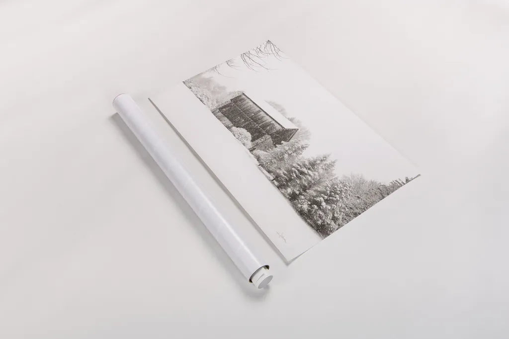 First Snow BW Crop by Aledanda. shown as a rolled paper print. Available as archival giclee rolled canvas, fine art paper, or poster print. SKU 60966i.