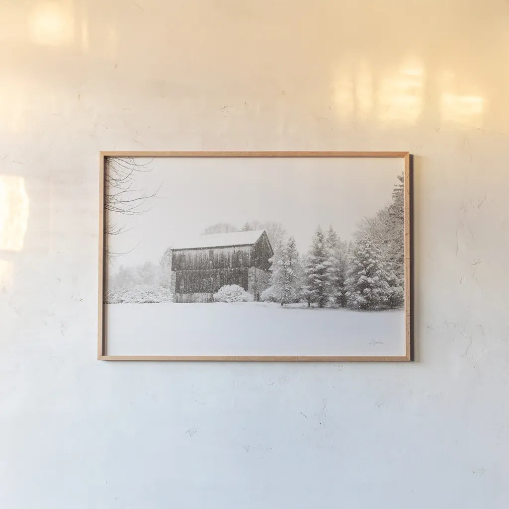 First Snow BW Crop by Aledanda. shown as a paper print in a natural frame. Available as a archival giclee rolled canvas, fine art paper, or poster print. SKU 60966i.