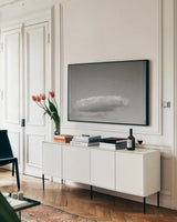 Flock in Flight by Aledanda. shown as a framed stretched canvas in a living room above a console. Available as a archival giclee rolled canvas, fine art paper, or poster print. SKU 75861i.