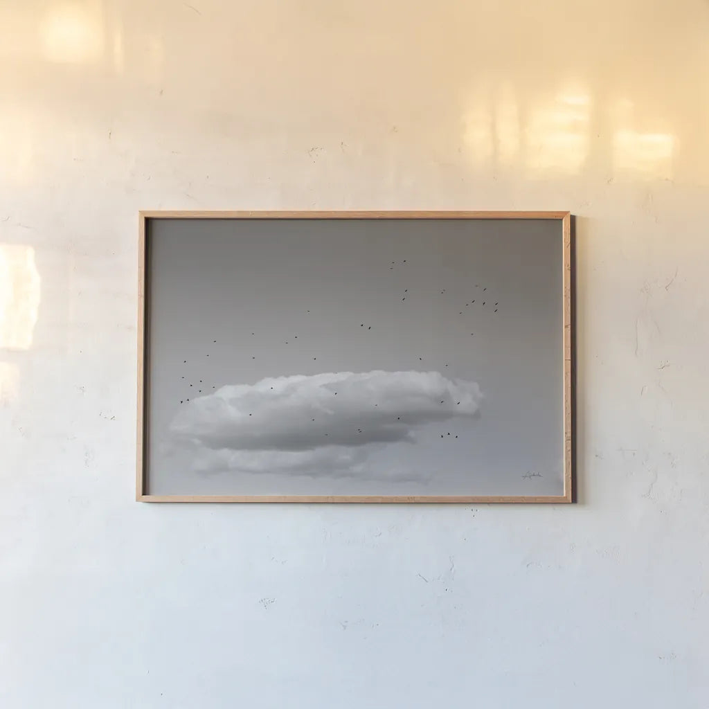 Flock in Flight by Aledanda. shown as a paper print in a natural frame. Available as a archival giclee rolled canvas, fine art paper, or poster print. SKU 75861i.