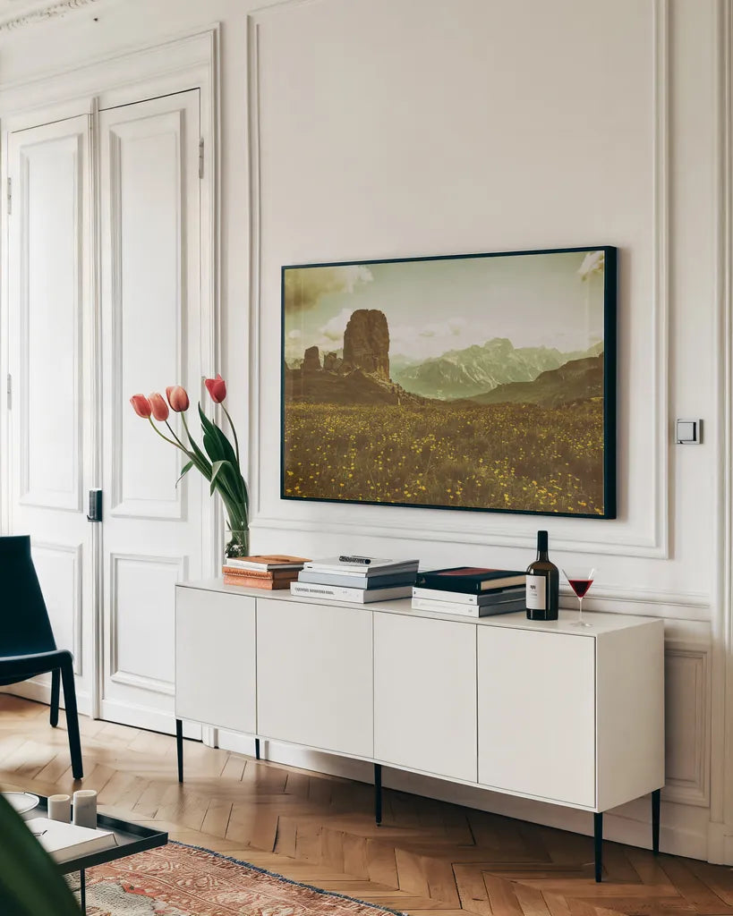 Floral Fields by Aledanda. shown as a framed stretched canvas in a living room above a console. Available as a archival giclee rolled canvas, fine art paper, or poster print. SKU 63227i.
