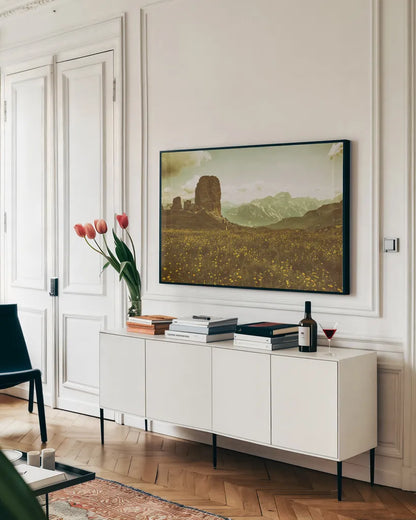 Floral Fields by Aledanda. shown as a framed stretched canvas in a living room above a console. Available as a archival giclee rolled canvas, fine art paper, or poster print. SKU 63227i.