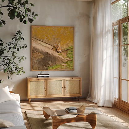 Fox Cubs II by Aledanda. Shown in a natural wood frame in a cozy modern living room. Available as an archival giclee rolled canvas, fine art paper, or poster print. SKU 58134a.