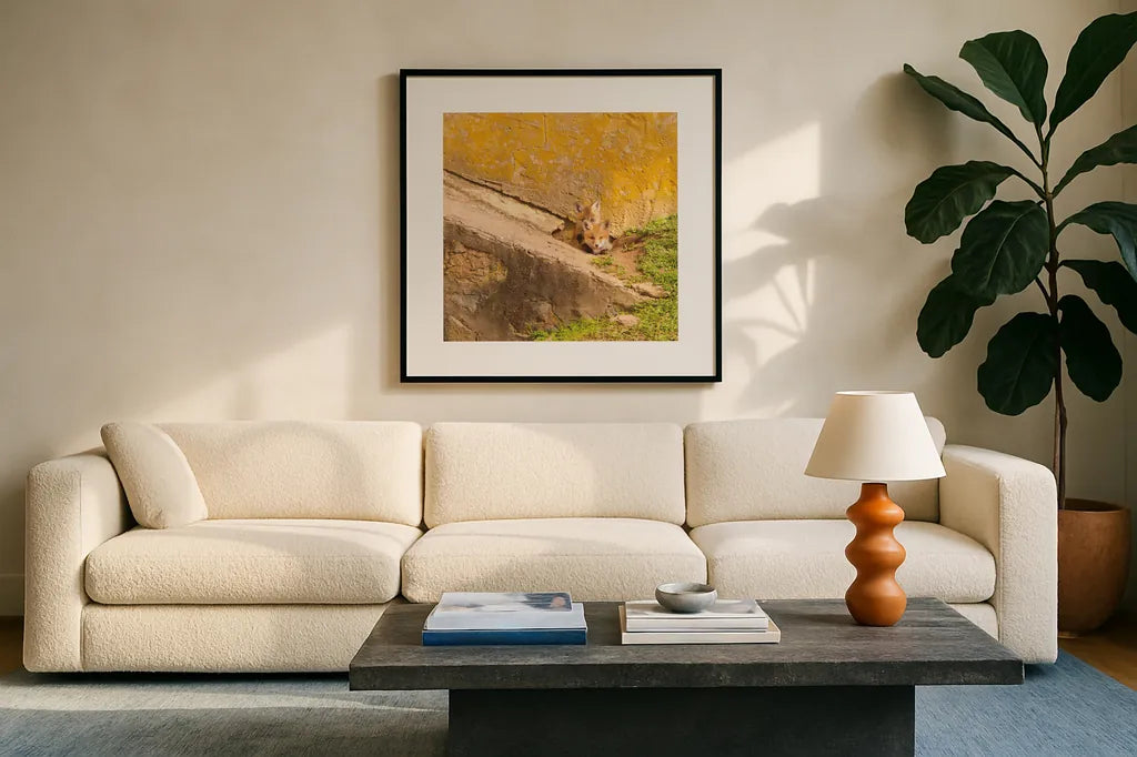 Fox Cubs II by Aledanda. Displayed in a glass frame with matte in a clean modern living room. Available as an archival giclee rolled canvas, fine art paper, or poster print. SKU 58134a.