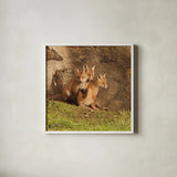 Fox Cubs III by Aledanda. Shown in a crisp white glass frame for a clean and minimalist style. Available as an archival giclee rolled canvas, fine art paper, or poster print. SKU 58254a.