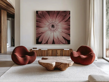 Gerbera by Aledanda. Shown as extra-large giant wall art in a modern living room. Available as an archival giclee rolled canvas, fine art paper, or poster print. SKU 37456a.