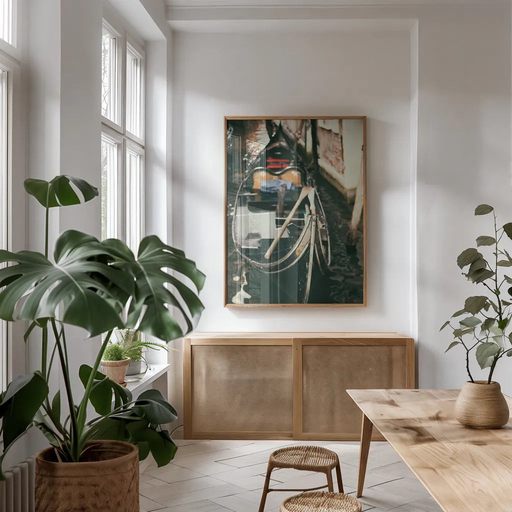 Gondola Detail by Aledanda. shown as a print in a natural wood frame in a dining room. Available as a archival giclee rolled canvas, fine art paper, or poster print. SKU 81694h.