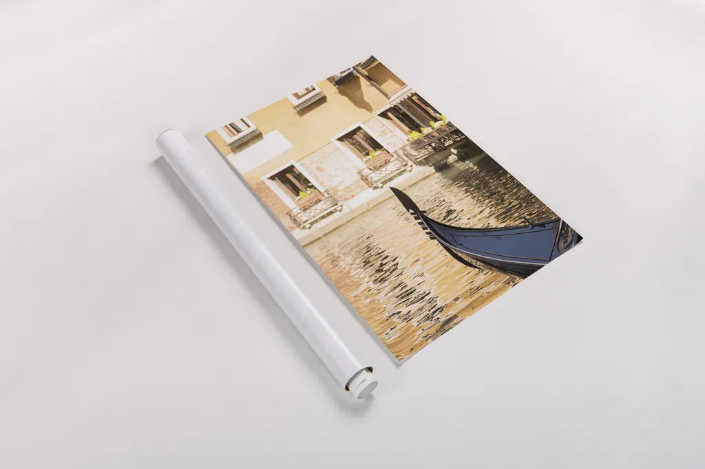 Gondola Reflections by Aledanda. shown as a rolled paper print. Available as archival giclee rolled canvas, fine art paper, or poster print. SKU 81695h.