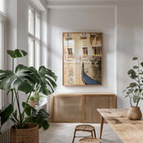 Gondola Reflections by Aledanda. shown as a print in a natural wood frame in a dining room. Available as a archival giclee rolled canvas, fine art paper, or poster print. SKU 81695h.