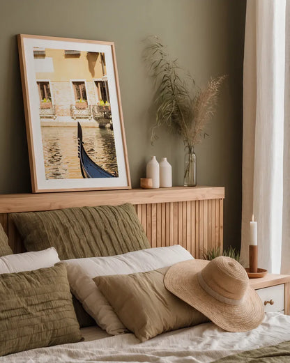 Gondola Reflections by Aledanda. shown as a paper print in a natural frame. Available as a archival giclee rolled canvas, fine art paper, or poster print. SKU 81695h.