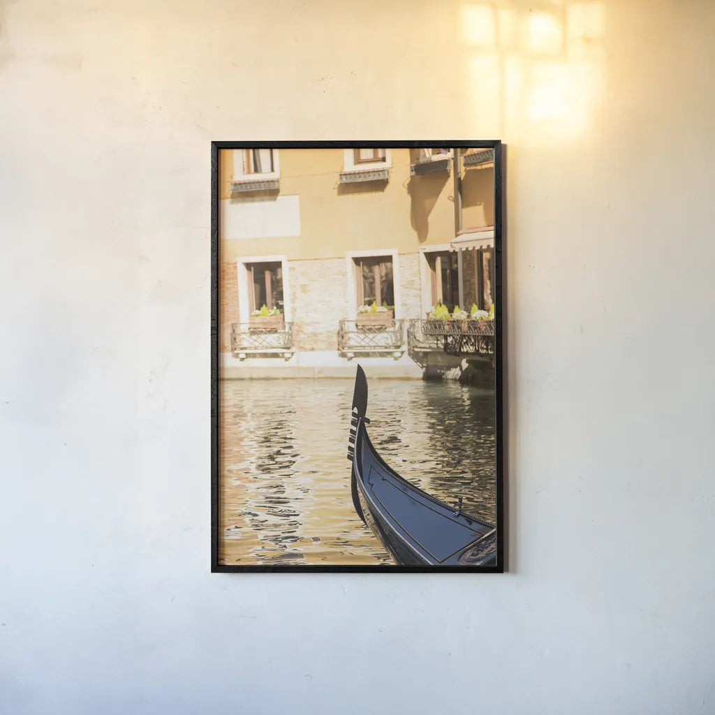 Gondola Reflections by Aledanda. shown as a paper print in a black flame. Available as a archival giclee rolled canvas, fine art paper, or poster print. SKU 81695h.