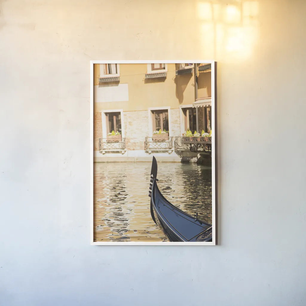 Gondola Reflections by Aledanda. shown as a paper print in a white frame. Available as a archival giclee rolled canvas, fine art paper, or poster print. SKU 81695h.