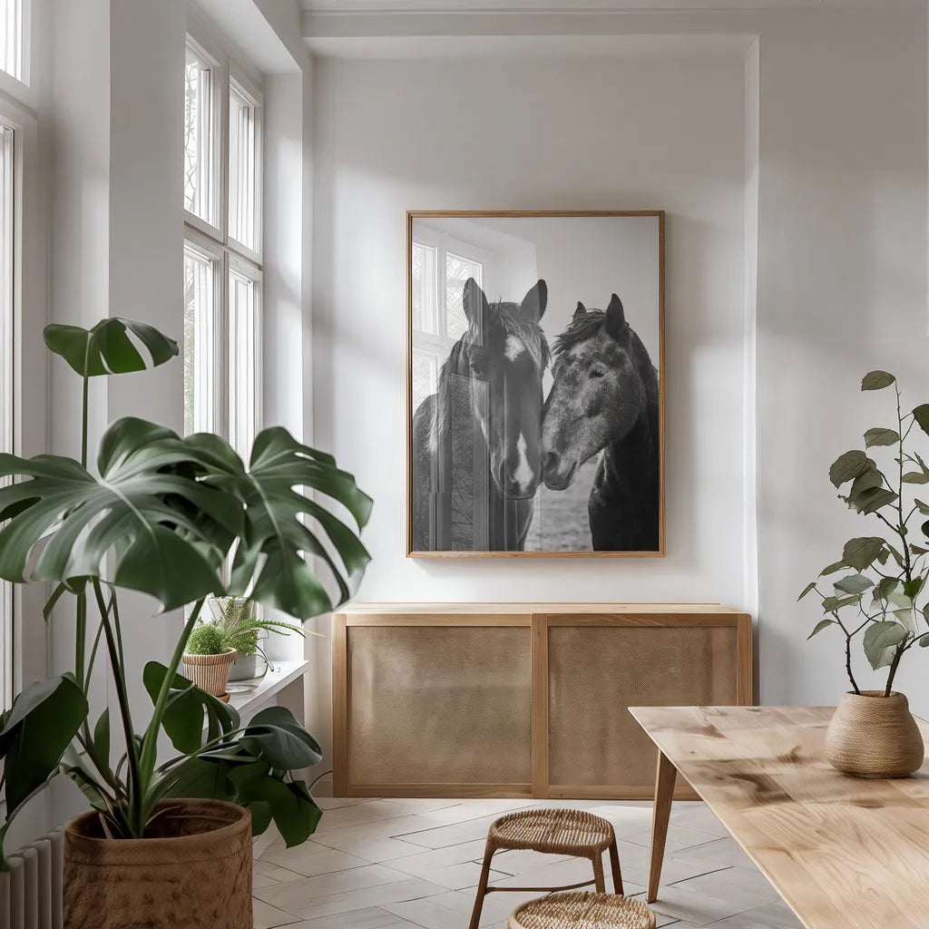 Good Friends Mane by Aledanda. shown as a print in a natural wood frame in a dining room. Available as a archival giclee rolled canvas, fine art paper, or poster print. SKU 71287h.