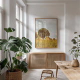 Grass and Sky by Aledanda. shown as a print in a natural wood frame in a dining room. Available as a archival giclee rolled canvas, fine art paper, or poster print. SKU 63228h.