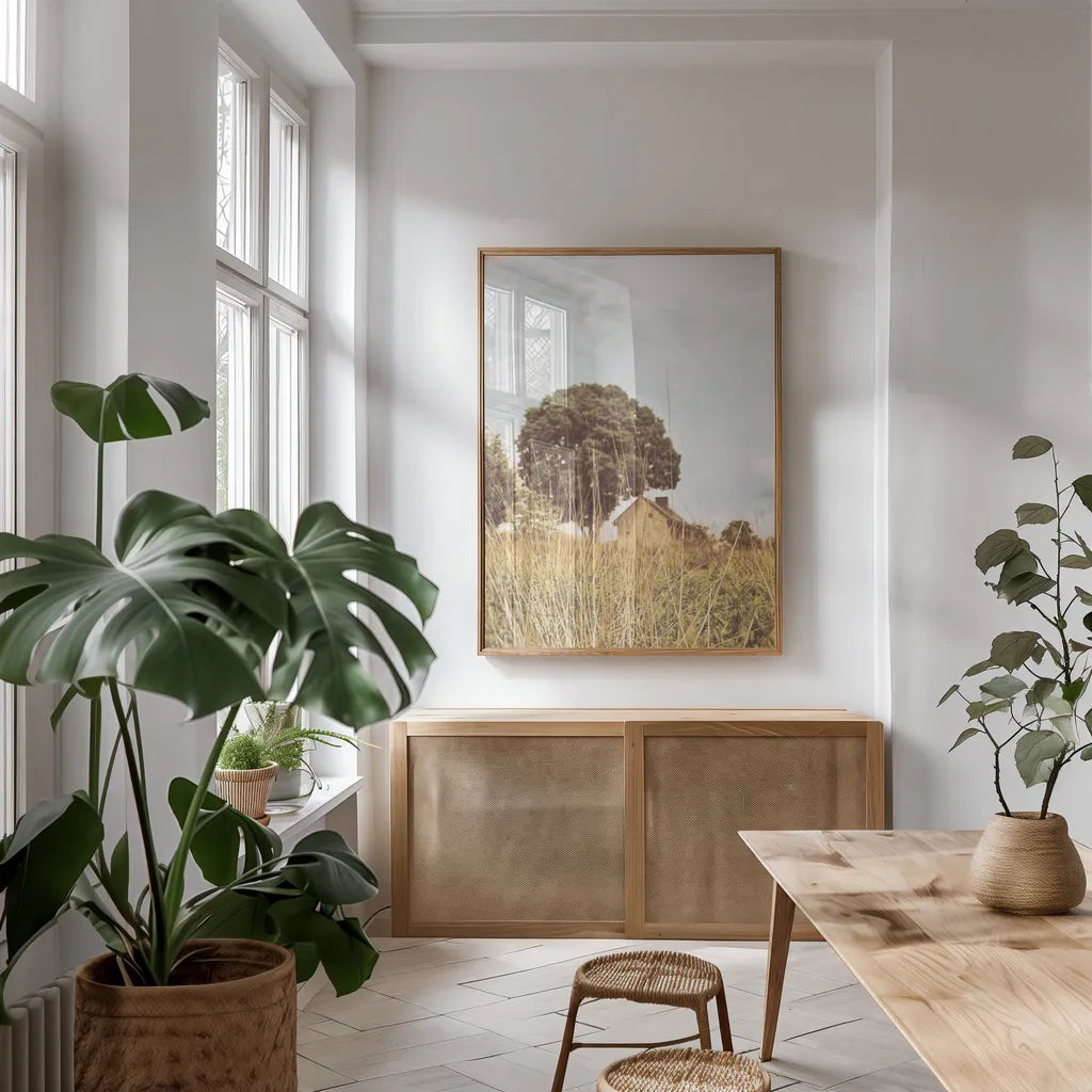 Grass and Sky Light by Aledanda. shown as a print in a natural wood frame in a dining room. Available as a archival giclee rolled canvas, fine art paper, or poster print. SKU 71600h.