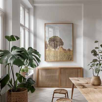 Grass and Sky Light by Aledanda. shown as a print in a natural wood frame in a dining room. Available as a archival giclee rolled canvas, fine art paper, or poster print. SKU 71600h.