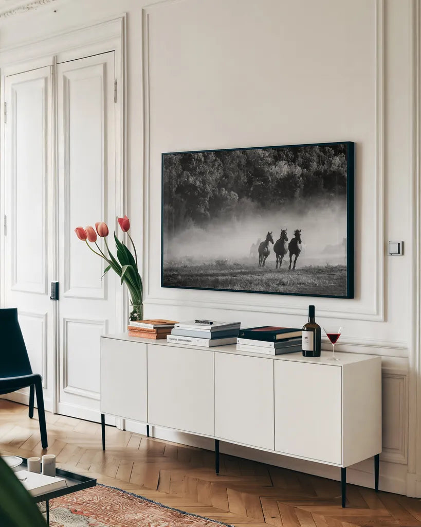 Horse Country Crop by Aledanda. shown as a framed stretched canvas in a living room above a console. Available as a archival giclee rolled canvas, fine art paper, or poster print. SKU 38300i.
