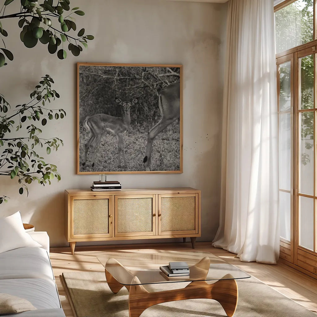 Impala and Baby by Aledanda. Shown in a natural wood frame in a cozy modern living room. Available as an archival giclee rolled canvas, fine art paper, or poster print. SKU 58137a.