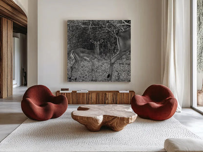 Impala and Baby by Aledanda. Shown as extra-large giant wall art in a modern living room. Available as an archival giclee rolled canvas, fine art paper, or poster print. SKU 58137a.