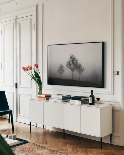 In the Fog by Aledanda. shown as a framed stretched canvas in a living room above a console. Available as a archival giclee rolled canvas, fine art paper, or poster print. SKU 38324i.