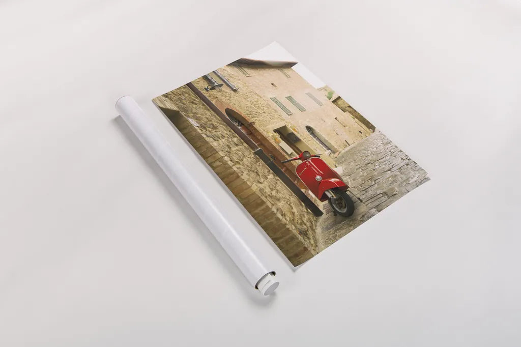 Italian Scooter by Aledanda. shown as a rolled paper print. Available as archival giclee rolled canvas, fine art paper, or poster print. SKU 72738h.