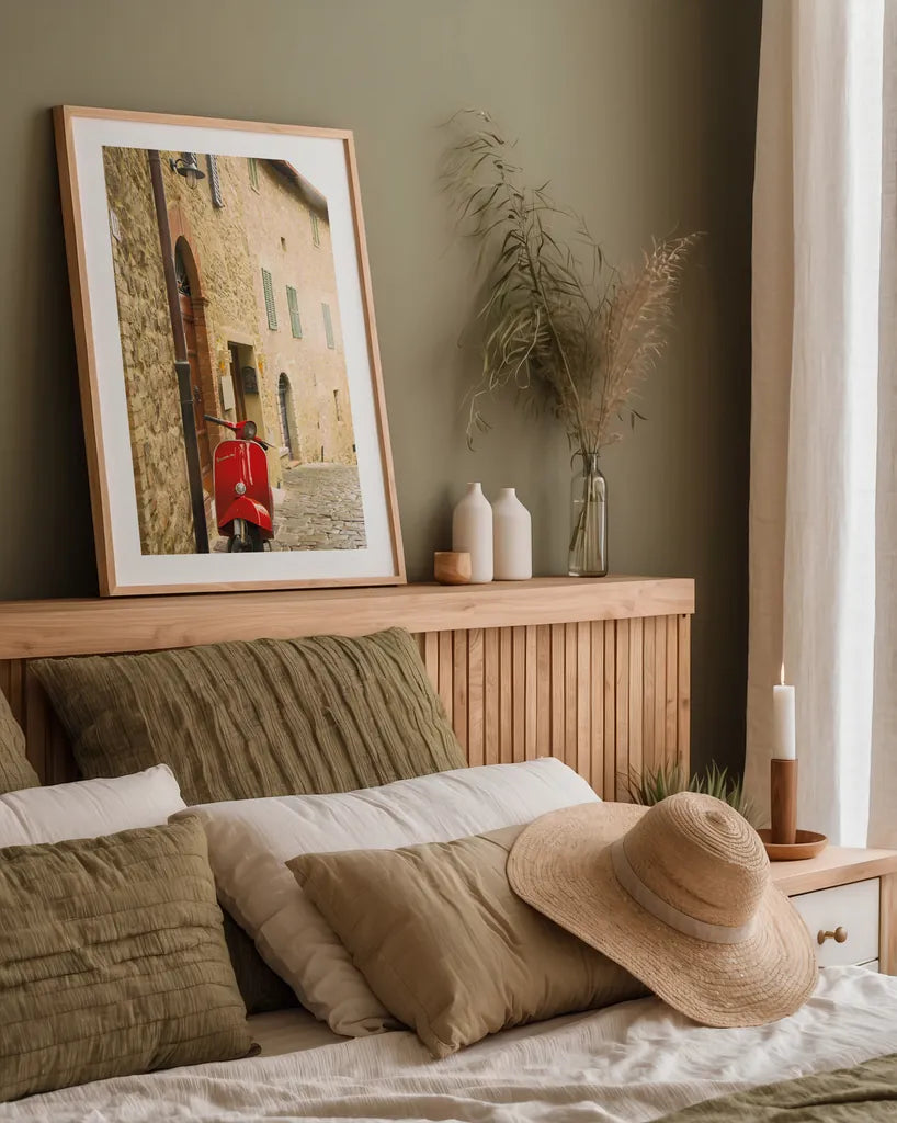 Italian Scooter by Aledanda. shown as a paper print in a natural frame. Available as a archival giclee rolled canvas, fine art paper, or poster print. SKU 72738h.