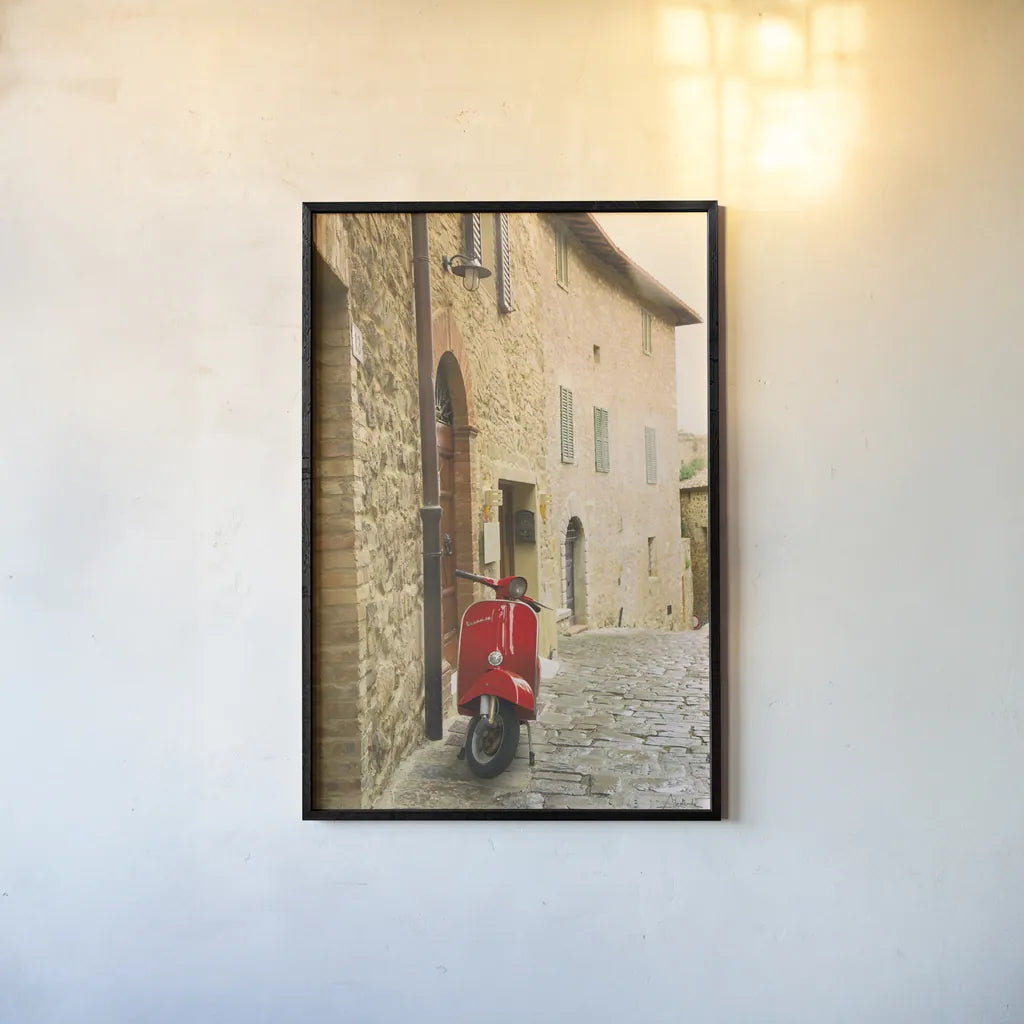 Italian Scooter by Aledanda. shown as a paper print in a black flame. Available as a archival giclee rolled canvas, fine art paper, or poster print. SKU 72738h.