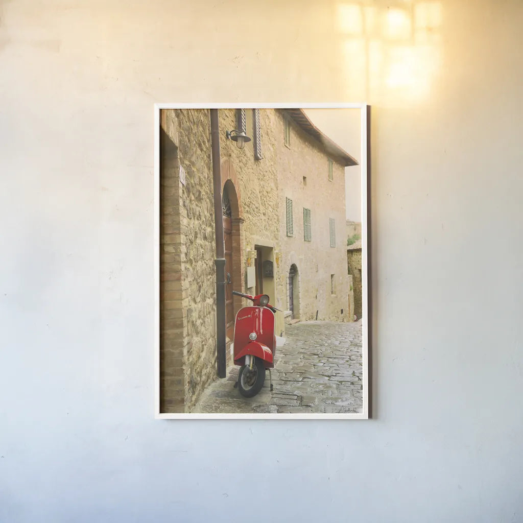 Italian Scooter by Aledanda. shown as a paper print in a white frame. Available as a archival giclee rolled canvas, fine art paper, or poster print. SKU 72738h.