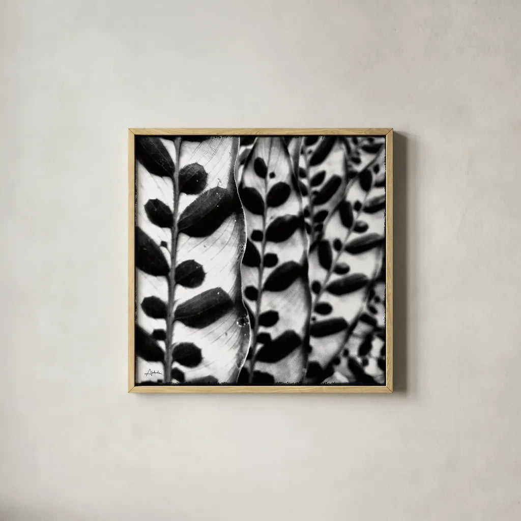 Leaves and Vines by Aledanda. Shown in a natural wood glass frame for a timeless modern aesthetic. Available as an archival giclee rolled canvas, fine art paper, or poster print. SKU 37455a.