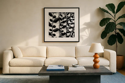Leaves and Vines by Aledanda. Displayed in a glass frame with matte in a clean modern living room. Available as an archival giclee rolled canvas, fine art paper, or poster print. SKU 37455a.