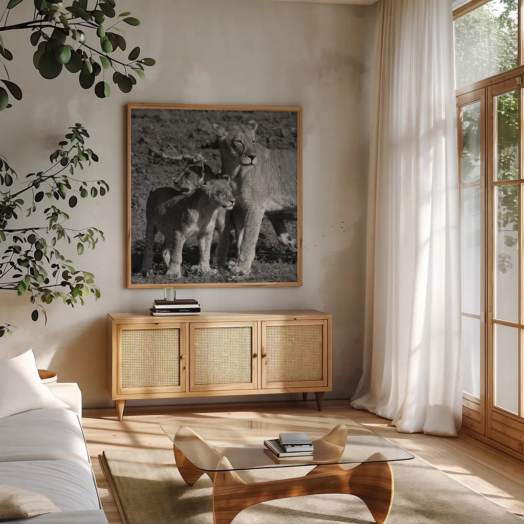 Lioness and Cubs by Aledanda. Shown in a natural wood frame in a cozy modern living room. Available as an archival giclee rolled canvas, fine art paper, or poster print. SKU 58138a.