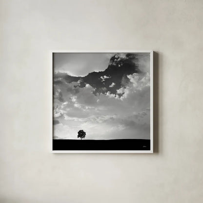 Lone Tree Square by Aledanda. Shown in a crisp white glass frame for a clean and minimalist style. Available as an archival giclee rolled canvas, fine art paper, or poster print. SKU 15233a.