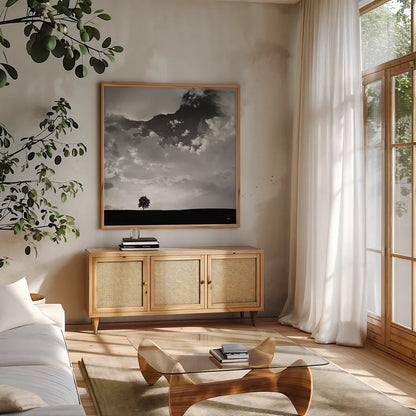 Lone Tree Square by Aledanda. Shown in a natural wood frame in a cozy modern living room. Available as an archival giclee rolled canvas, fine art paper, or poster print. SKU 15233a.