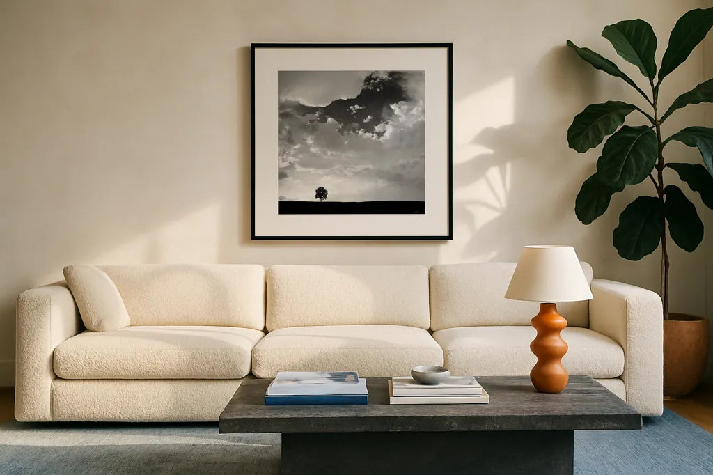 Lone Tree Square by Aledanda. Displayed in a glass frame with matte in a clean modern living room. Available as an archival giclee rolled canvas, fine art paper, or poster print. SKU 15233a.